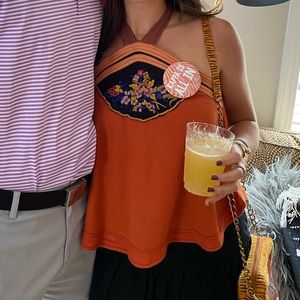 Free people orange floral embroider halter top